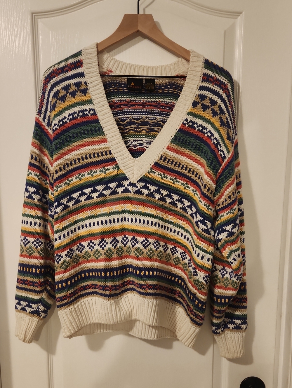 Vintage Multicolor V-Neck Sweater - Cream Trim